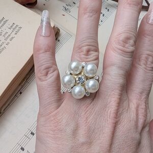 Vintage Pearl and Crystal Flower Ring Adjustable